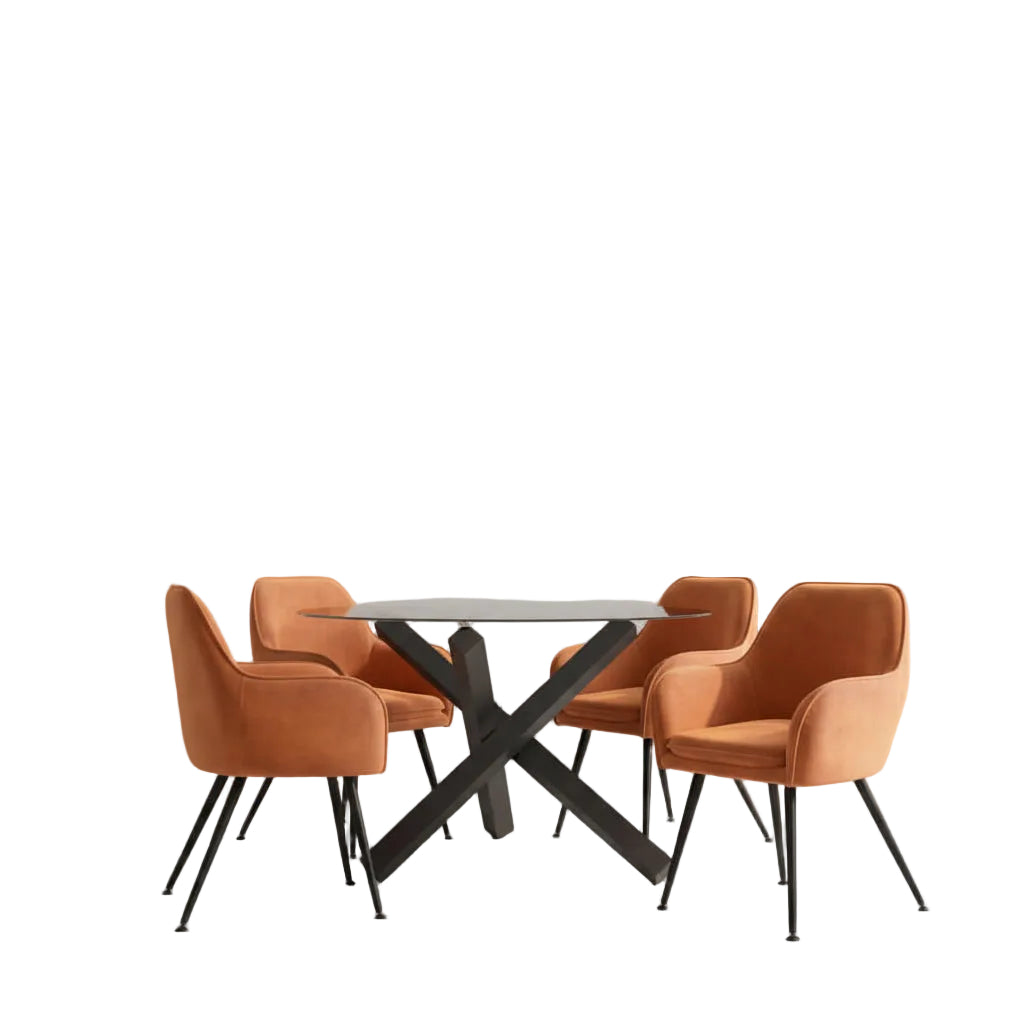 Glass dining table & four Burnt orange velvet chairs