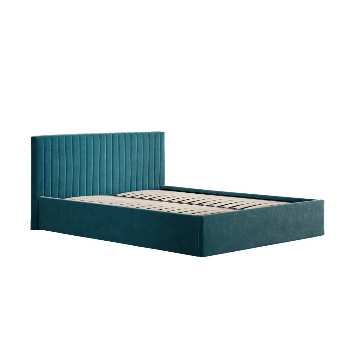 Teal coloured bed with a ribbed headboard