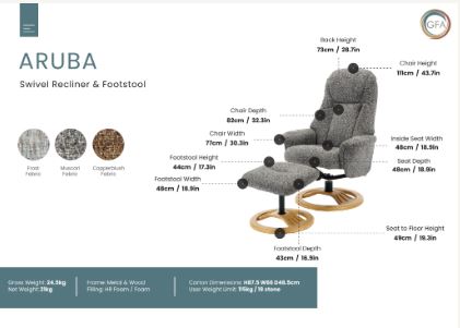 Aruba swivel recliner and footstool with dimensions spec sheet