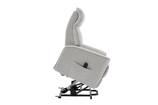 beige recliner chair in fully lifted view