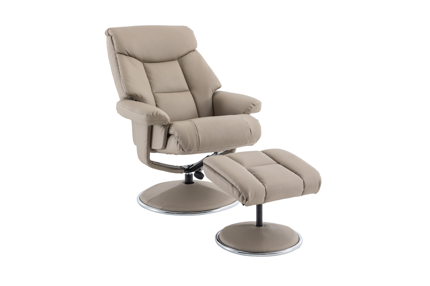Pebble colour recliner chair & footstool in a faux leather finish open position