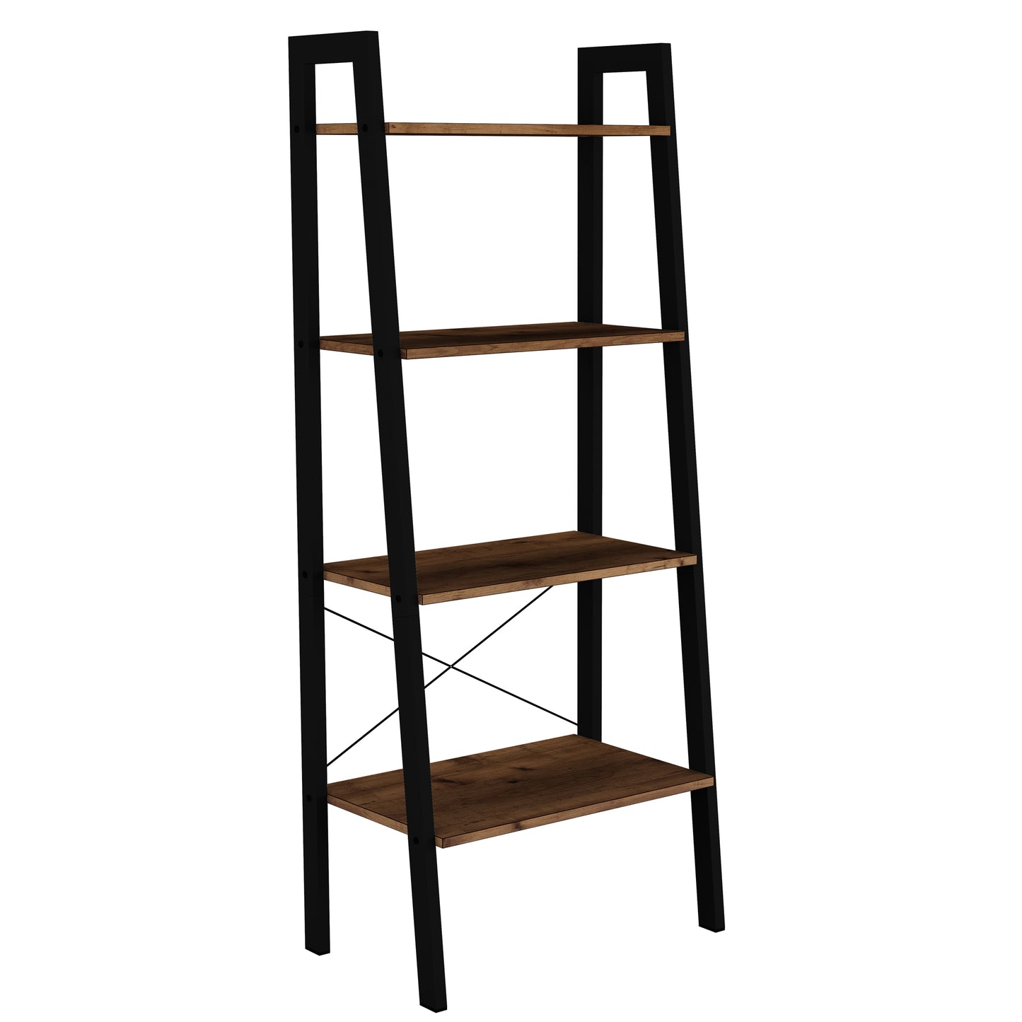 Tall ladder shelf with wooden shelves and black metal legs