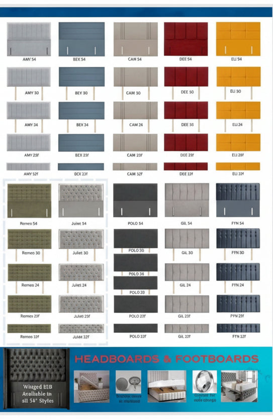 Color swatch chart for headboards and footboards with various color options.