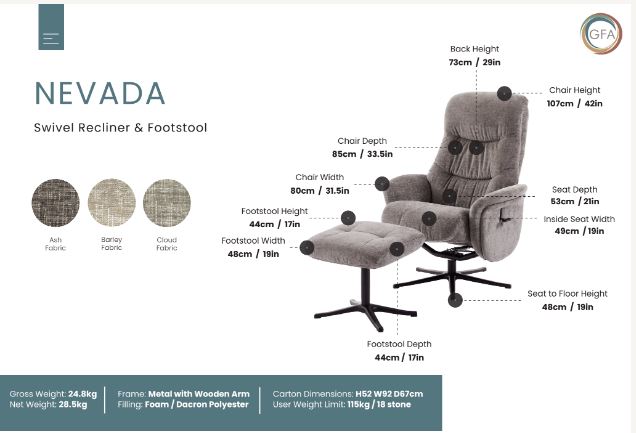 Grey swivel recliner and footstool with dimensions and fabric options