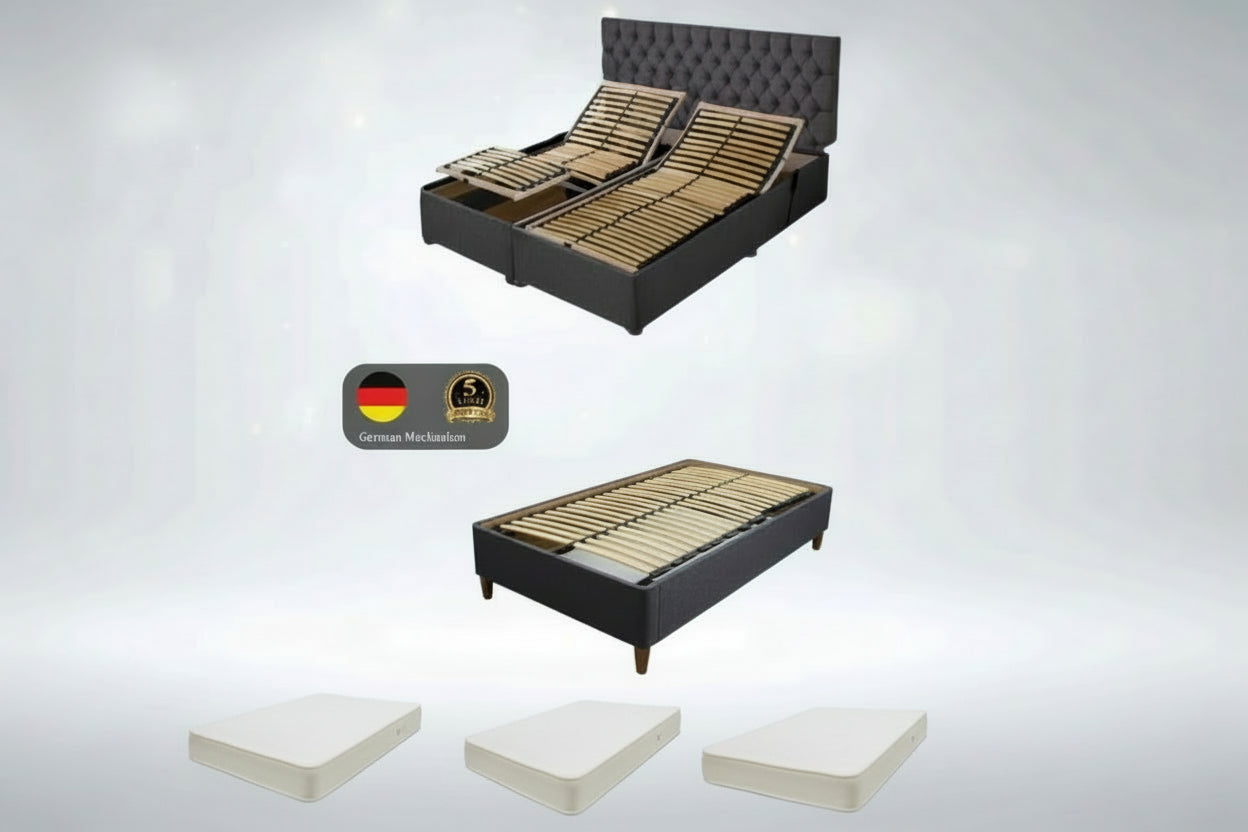 Electric adjustable bed with mattress options on a white background