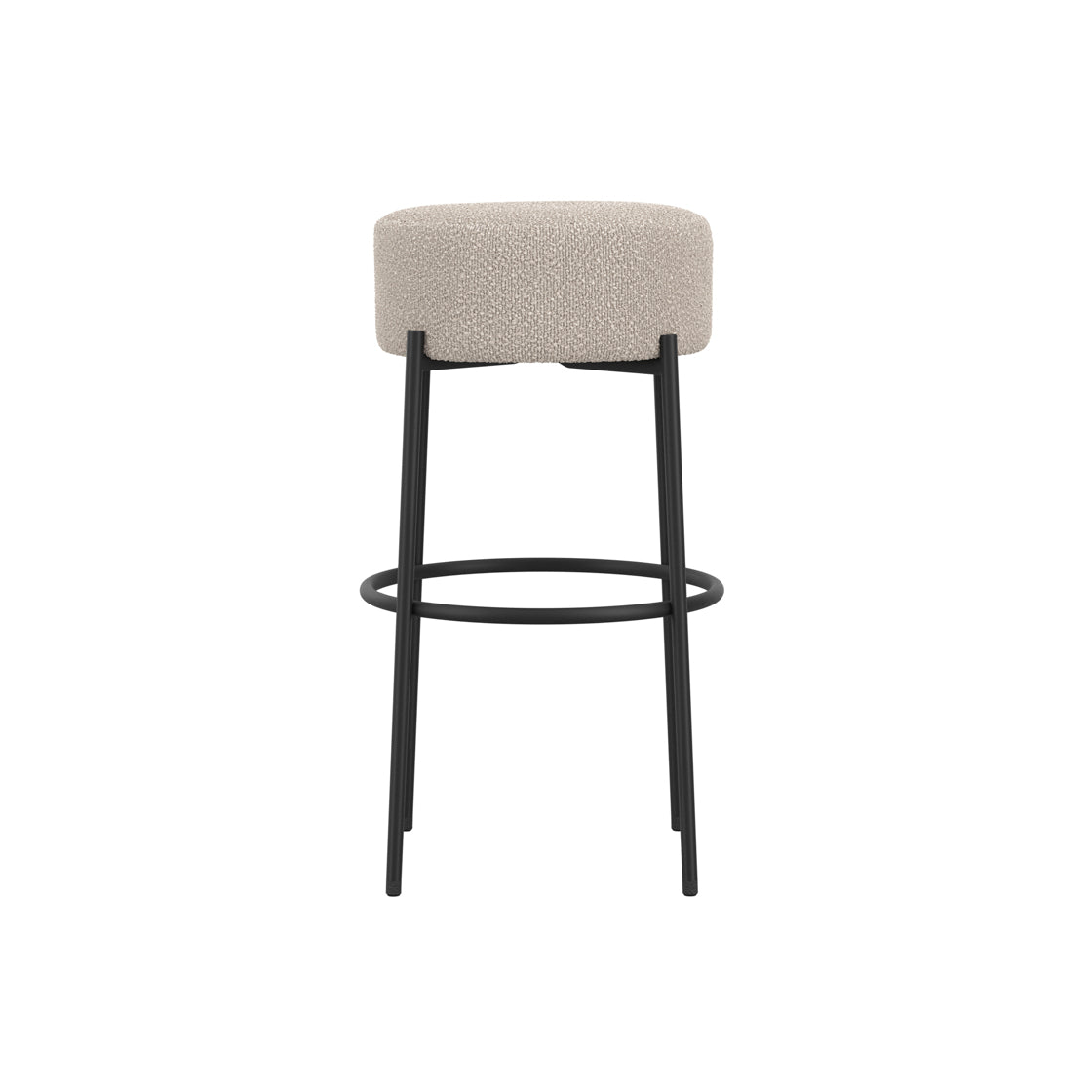 Bar stool with beige cushioned seat and black metal legs 