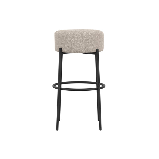 Bar stool with beige cushioned seat and black metal legs 