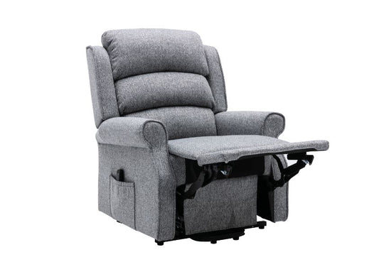 Grey recliner chair showing footrest up position