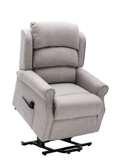 Beige recliner chair showing the fully raised position