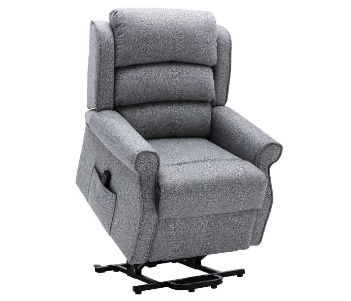 Grey recliner
 chair showing the fully raised position