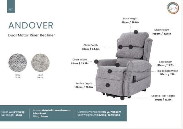 Andover, Dual motor Lift and rise recliner chair (with USB port)