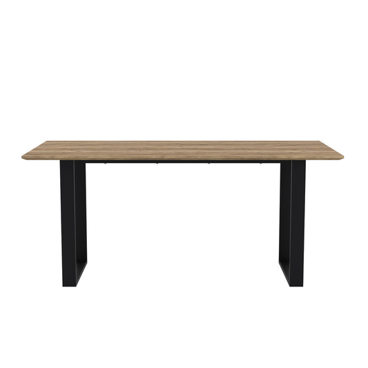 Dining table with wooden top and black legs 