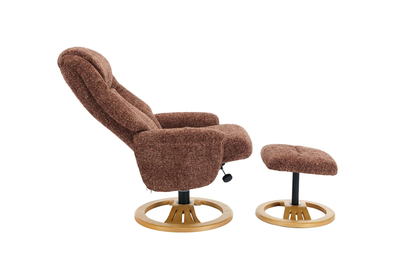 Brown recliner chair with matching footstool open view 
