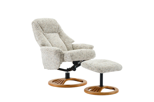  Light grey recliner chair with matching footstool open view 