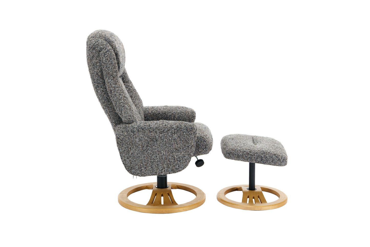 Light grey recliner chair with matching footstool on a wooden base