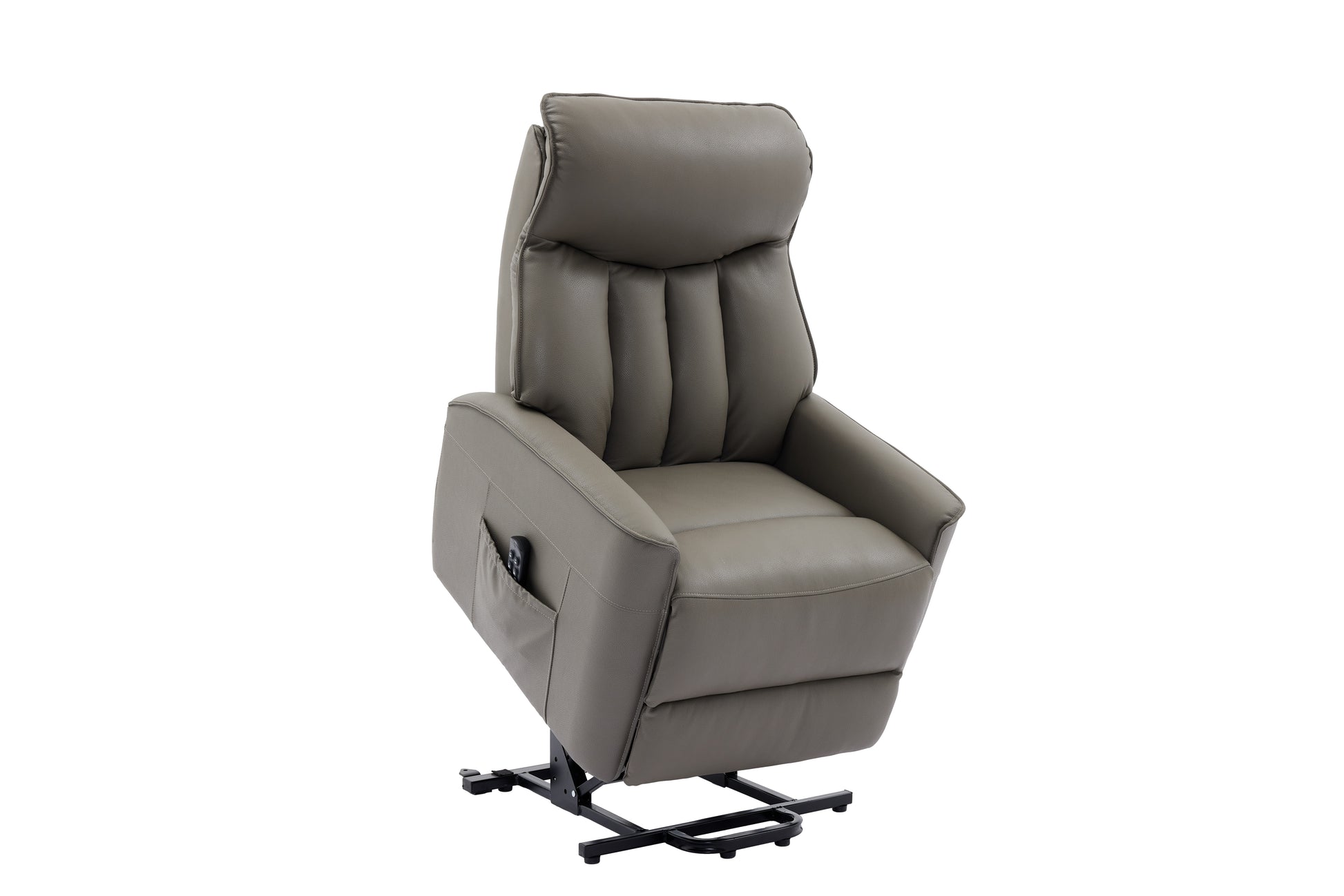 Taupe recliner chair showing fully lifted position