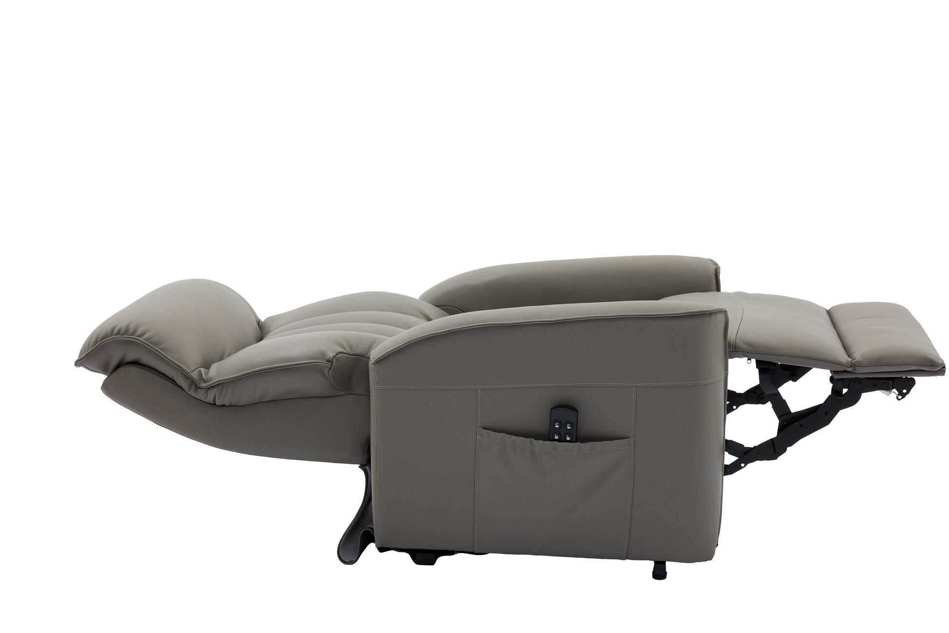 Taupe recliner chair showing fully flat position