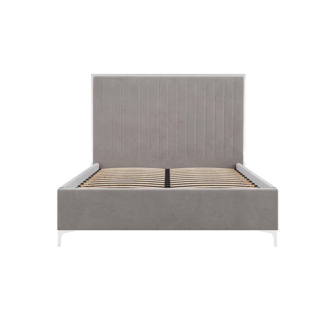 Grey upholstered bed frame with tall panelled headboard