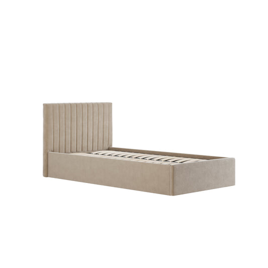 Beige bed frame with ottoman storage base