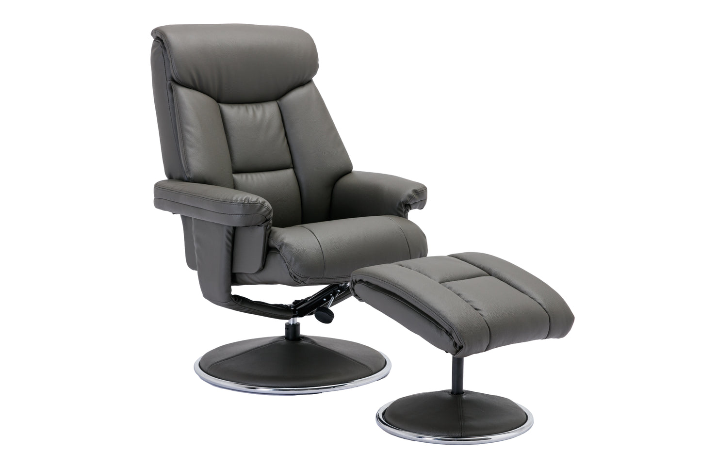 Grey recliner chair with footstool in faux leather finish
