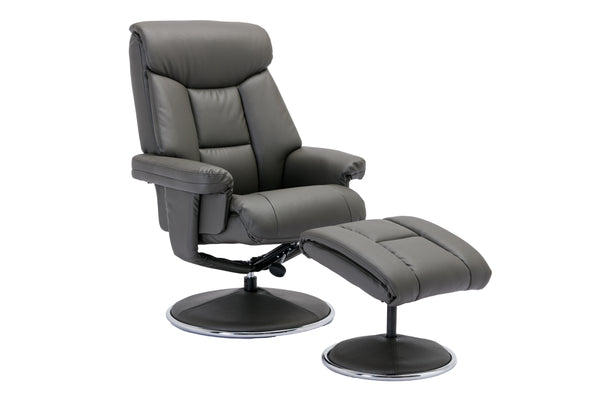Grey recliner chair with footstool in faux leather finish