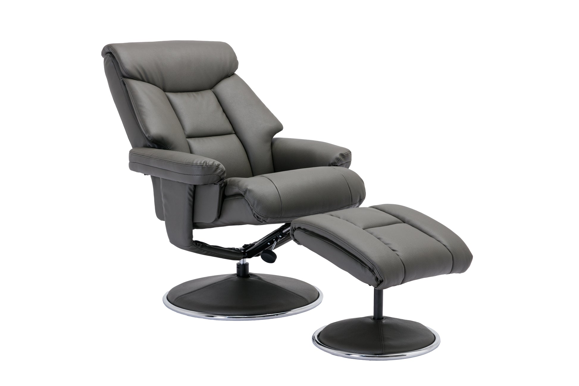 Grey recliner chair with footstool in a faux leather finish open position