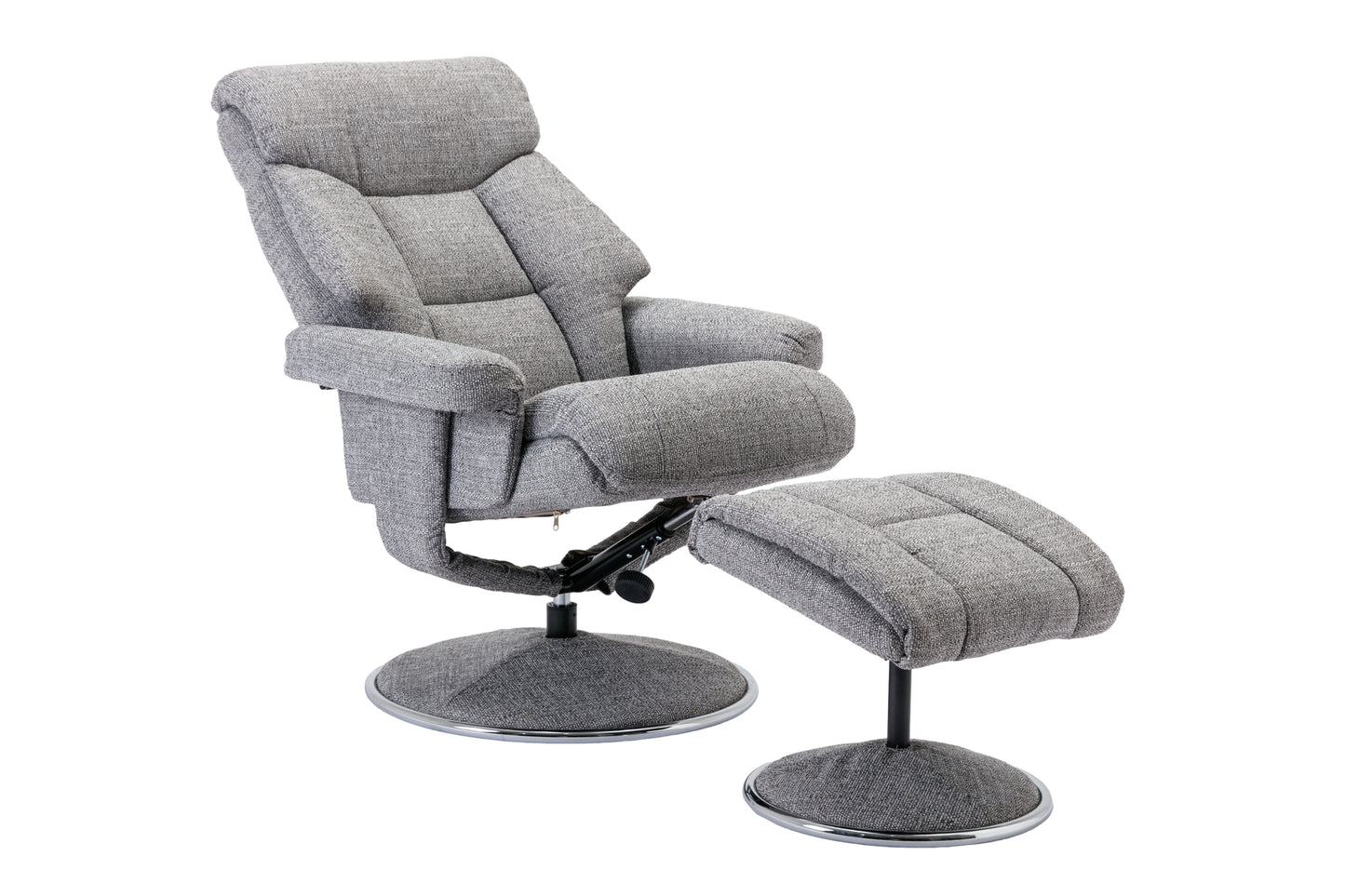 Grey recliner chair with footstool open position