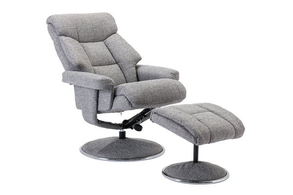 Grey recliner chair with footstool open position