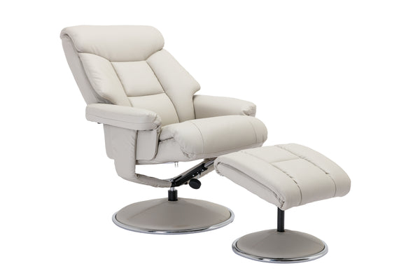 Mushroom colour recliner chair with footstool in a faux leather finish open position