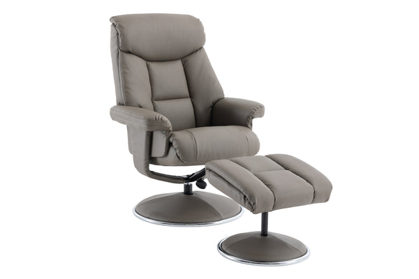 Grey recliner chair with footstool in a faux leather finish