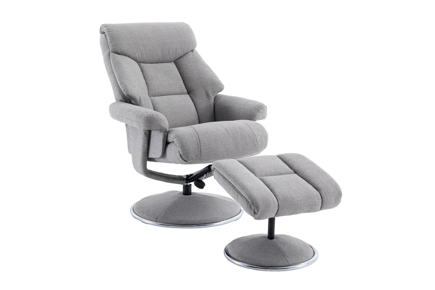 Grey recliner chair with footstool open position