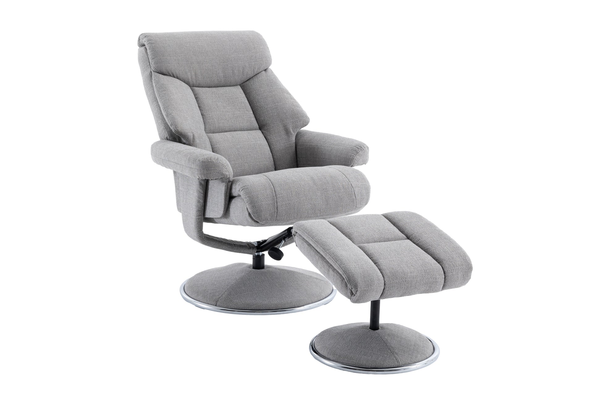 Grey recliner chair with footstool open position