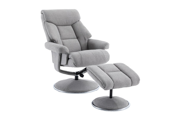 Grey recliner chair with footstool open position