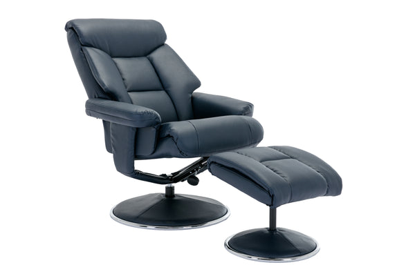 Nay blue  recliner chair with footstool in a faux leather finish open position