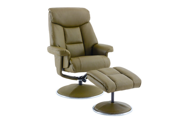 Olive green recliner chair with footstool in faux leather finish