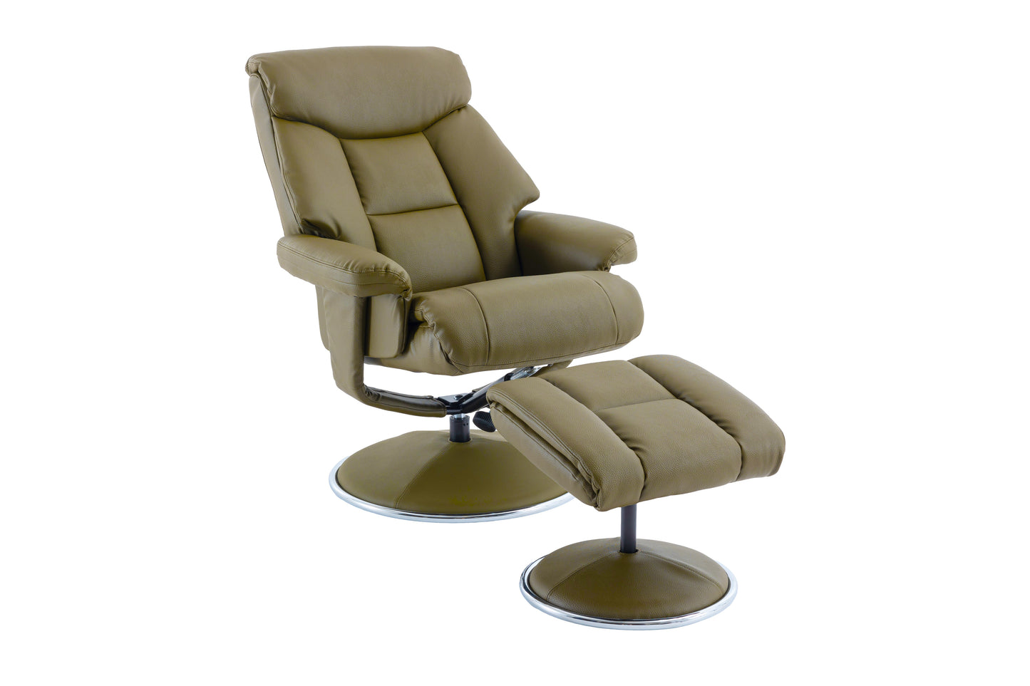 Olive green recliner chair with footstool in faux leather finish open position