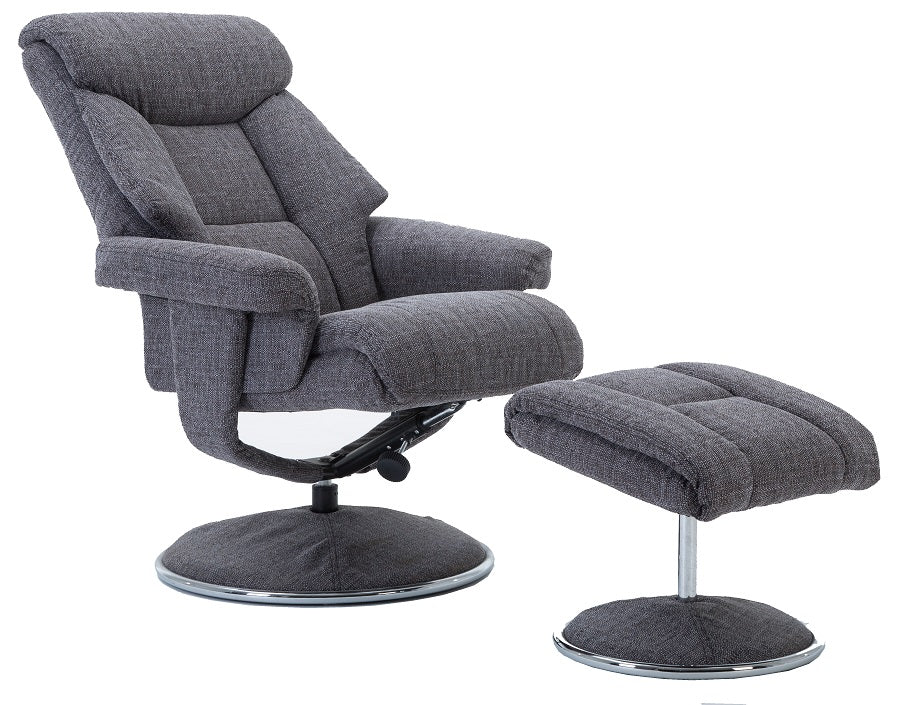 Grey recliner chair with footstool open position