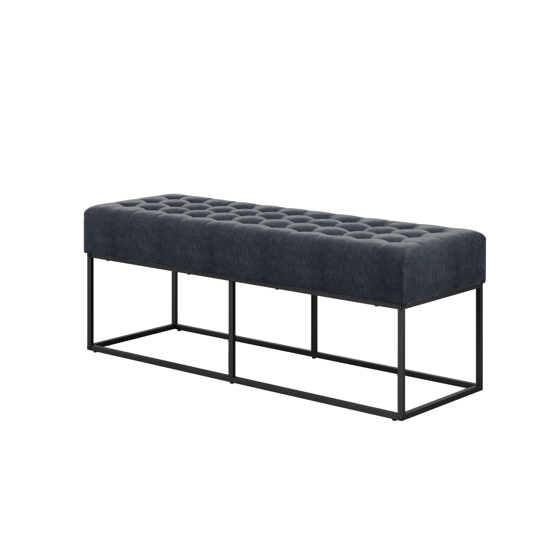 Dark grey upholstered bench with metal frame 