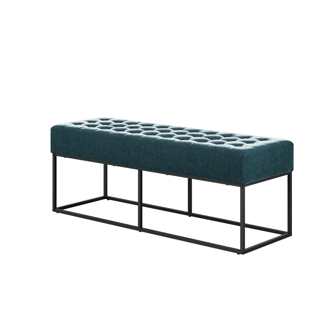 Teal coloured upholstered bench with black metal frame 