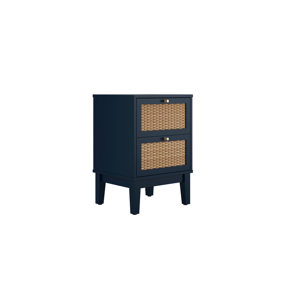 Navy blue bedside cabinet with wicker doors 