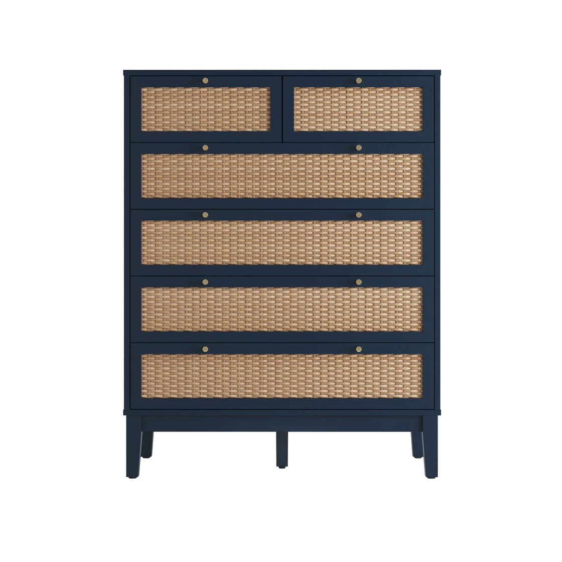Navy blue & Rattan four plus two chest of drawers