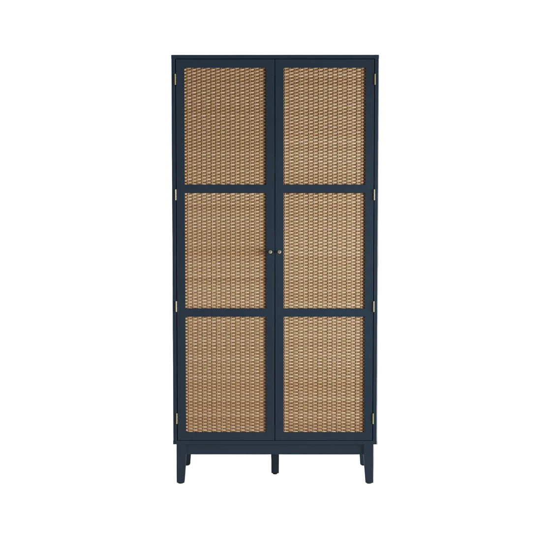 Wardrobe with rattan wicker doors on with contrasting blue frame