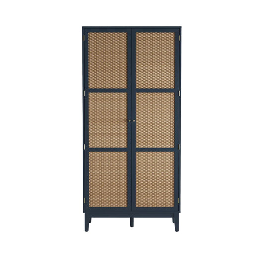 Wardrobe with rattan wicker doors on with contrasting blue frame