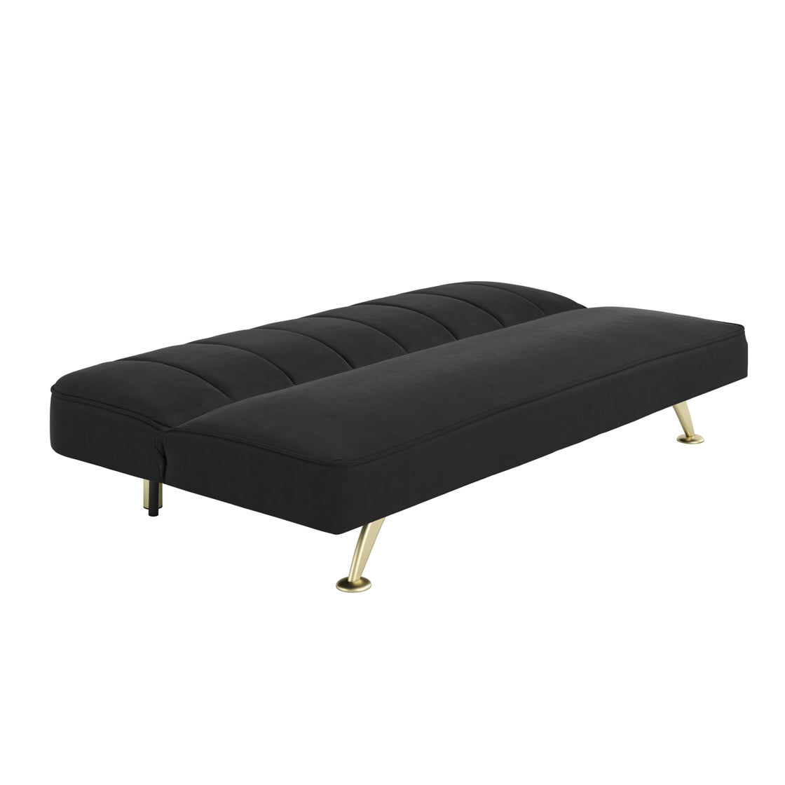 Black sofa bed with gold legs showing open position