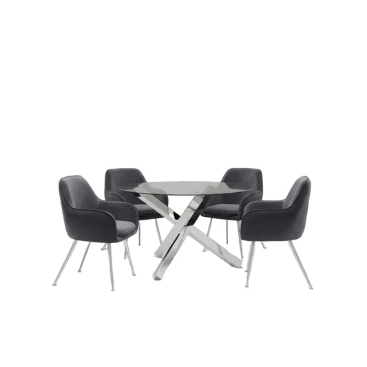 Modern dining room with black chairs and a glass table.