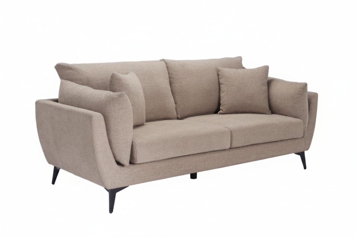 Beige sofa with dark legs on a white background