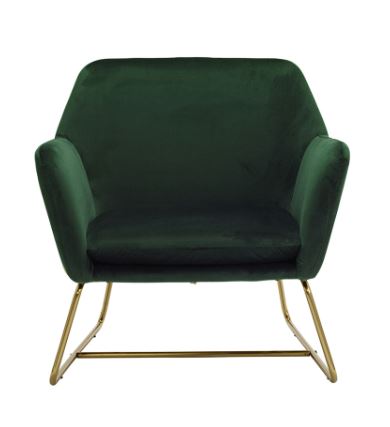 Green armchair with gold metal legs on a white background