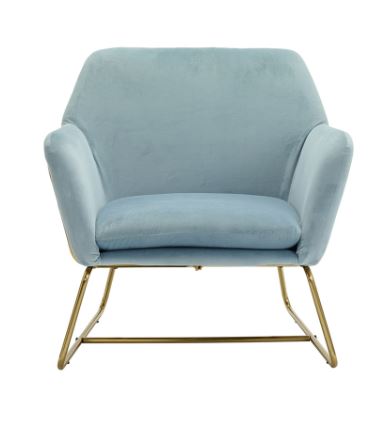 Blue armchair with gold metal legs on a white background
