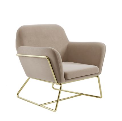 Beige armchair with gold metal frame on a white background