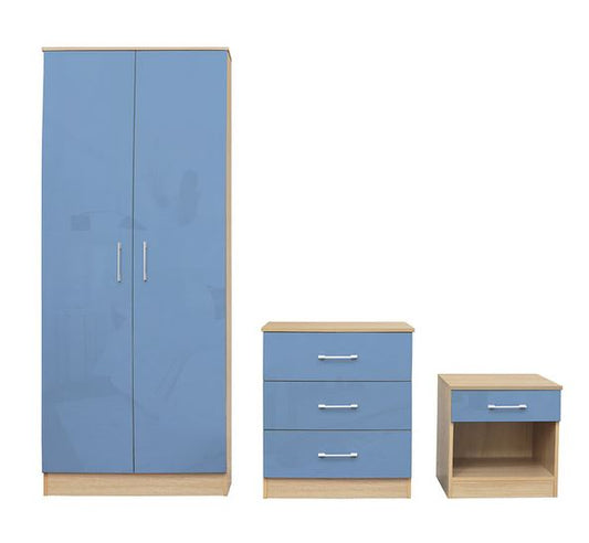 Light oak & blue bedroom set wardrobe chest & bedside cabinet